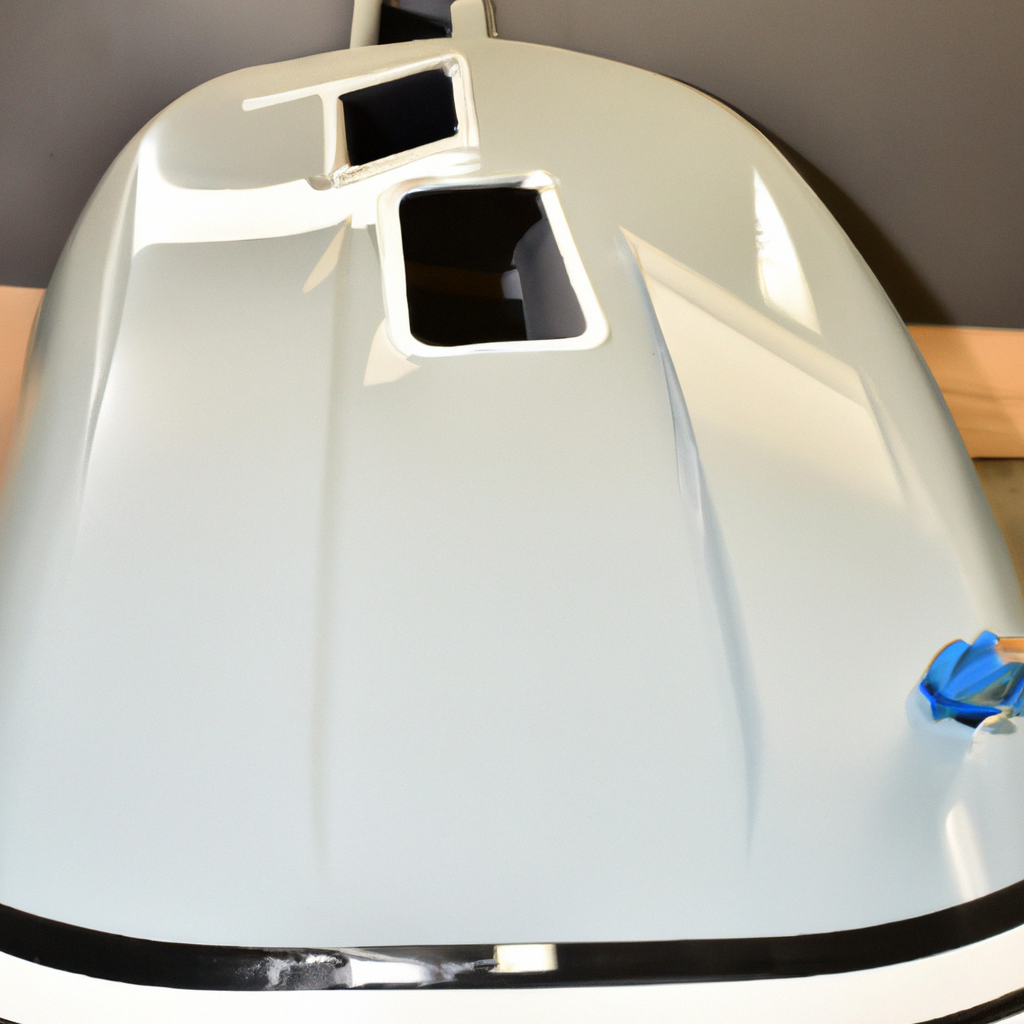 Riparazione scafo con gelcoat e laminazioni in officina specializzata, immagine realistica